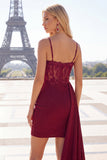 Burgundy Bodycon Corset Ruched Beaded Short Prom Dress with Side Cape