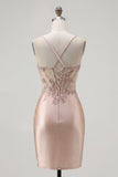 Champagne Bodycon Corset Ruched Beaded Short Prom Dress