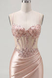 Champagne Bodycon Corset Ruched Beaded Short Prom Dress