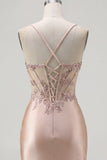 Champagne Bodycon Corset Ruched Beaded Short Prom Dress