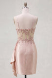 Champagne Bodycon Corset Ruched Beaded Short Prom Dress with Sash