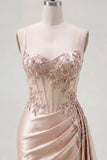 Champagne Bodycon Corset Ruched Beaded Short Prom Dress with Sash