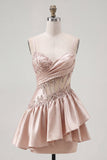 Champagne A-Line Corset Ruched Short Prom Dress with Beading