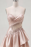 Champagne A-Line Corset Ruched Short Prom Dress with Beading