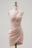 Champagne One Shoulder Bodycon Sheer Corset Ruched Mini Cocktail Party Dress with Beading
