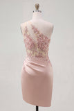 Champagne One Shoulder Bodycon Sheer Corset Ruched Mini Cocktail Party Dress with Beading