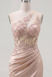 Champagne One Shoulder Bodycon Sheer Corset Ruched Mini Cocktail Party Dress with Beading