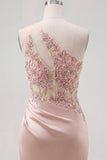 Champagne One Shoulder Bodycon Sheer Corset Ruched Mini Cocktail Party Dress with Beading