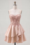 A-Line Champagne Sweetheart Sheer Corset Ruffled Short Prom Dress with Beading
