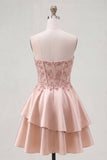 A-Line Champagne Sweetheart Sheer Corset Ruffled Short Prom Dress with Beading