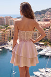 A-Line Champagne Sweetheart Sheer Corset Ruffled Short Prom Dress with Beading