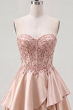 A-Line Champagne Sweetheart Sheer Corset Ruffled Short Prom Dress with Beading