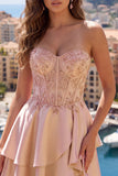 A-Line Champagne Sweetheart Sheer Corset Ruffled Short Prom Dress with Beading