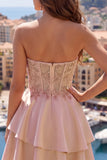 A-Line Champagne Sweetheart Sheer Corset Ruffled Short Prom Dress with Beading