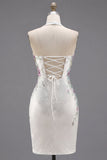 White Halter Neck Bodycon Floral Short Prom Dress with Beading