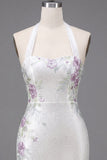 White Halter Neck Bodycon Floral Short Prom Dress with Beading