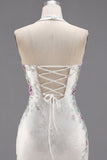 White Halter Neck Bodycon Floral Short Prom Dress with Beading