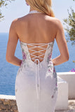 White Halter Neck Bodycon Floral Short Prom Dress with Beading