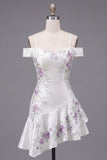 Cold Shoulder A-Line White Floral Short Prom Dress with Beading