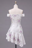 Cold Shoulder A-Line White Floral Short Prom Dress with Beading
