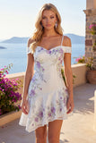 Cold Shoulder A-Line White Floral Short Prom Dress with Beading