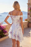Cold Shoulder A-Line White Floral Short Prom Dress with Beading