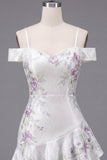 Cold Shoulder A-Line White Floral Short Prom Dress with Beading