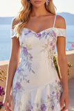 Cold Shoulder A-Line White Floral Short Prom Dress with Beading