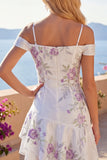 Cold Shoulder A-Line White Floral Short Prom Dress with Beading