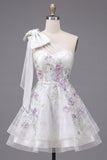 One Shoulder A-Line White Floral Beaded Short Prom Dress with Bow