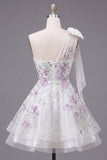 One Shoulder A-Line White Floral Beaded Short Prom Dress with Bow
