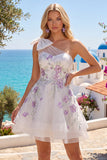 One Shoulder A-Line White Floral Beaded Short Prom Dress with Bow