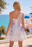 One Shoulder A-Line White Floral Beaded Short Prom Dress with Bow