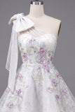 One Shoulder A-Line White Floral Beaded Short Prom Dress with Bow