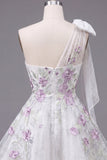 One Shoulder A-Line White Floral Beaded Short Prom Dress with Bow