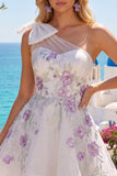 One Shoulder A-Line White Floral Beaded Short Prom Dress with Bow