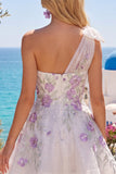 One Shoulder A-Line White Floral Beaded Short Prom Dress with Bow