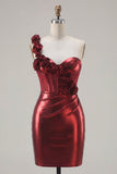Metallic Burgundy One Shoulder Floral Corset Bodycon Ruched Short Prom Dress
