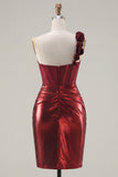 Metallic Burgundy One Shoulder Floral Corset Bodycon Ruched Short Prom Dress