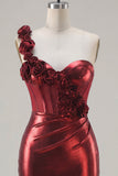 Metallic Burgundy One Shoulder Floral Corset Bodycon Ruched Short Prom Dress