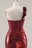 Metallic Burgundy One Shoulder Floral Corset Bodycon Ruched Short Prom Dress