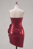 Metallic Burgundy Strapless Bodycon Ruched Short Prom Dress with 3D Flowers