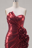 Metallic Burgundy Strapless Bodycon Ruched Short Prom Dress with 3D Flowers