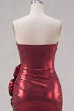 Metallic Burgundy Strapless Bodycon Ruched Short Prom Dress with 3D Flowers