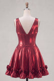 Metallic Burgundy A-Line V-Neck Corset Short Prom Dress with 3D Flowers