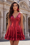 Metallic Burgundy A-Line V-Neck Corset Short Prom Dress with 3D Flowers