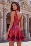 Metallic Burgundy A-Line V-Neck Corset Short Prom Dress with 3D Flowers