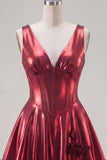 Metallic Burgundy A-Line V-Neck Corset Short Prom Dress with 3D Flowers