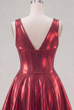 Metallic Burgundy A-Line V-Neck Corset Short Prom Dress with 3D Flowers