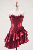 Metallic Burgundy A-Line Off the Shoulder Corset Short Prom Dress with 3D Flowers